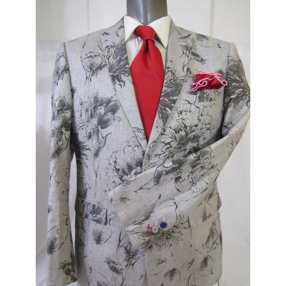 Lanzino Men's Gray Floral Sport Coat Blazer Two Button Cotton Linen Sz L or 42R